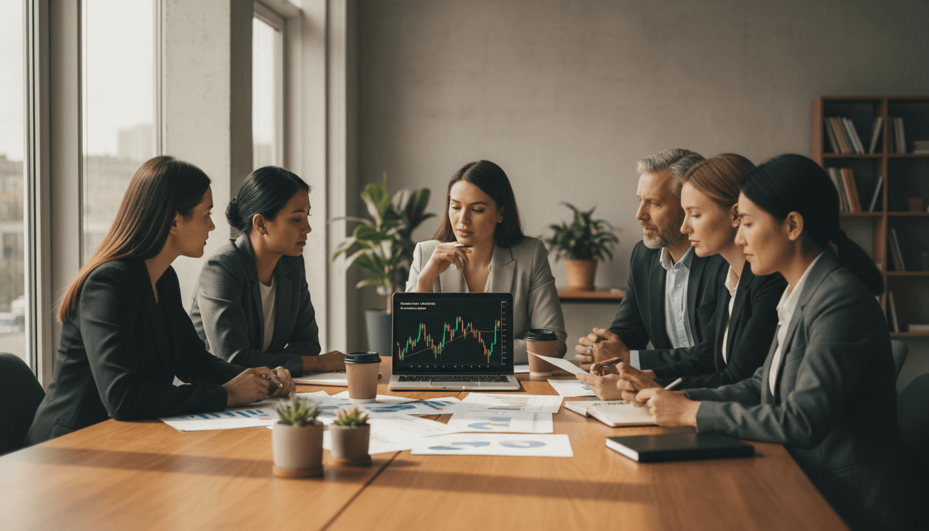 A diverse group of investors collaborating around a table reviewing financial charts and discussing investment strategy