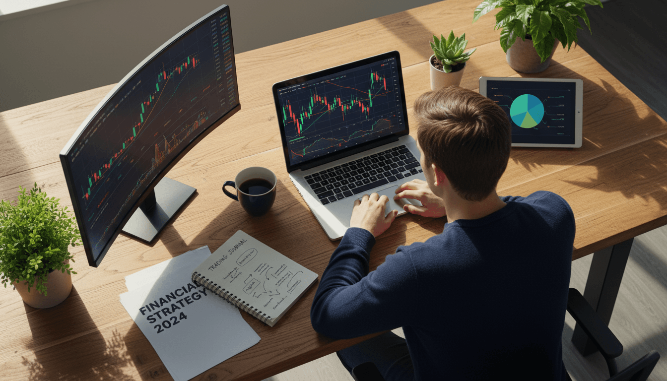 Professional analyzing institutional chart patterns on laptop with financial planning materials