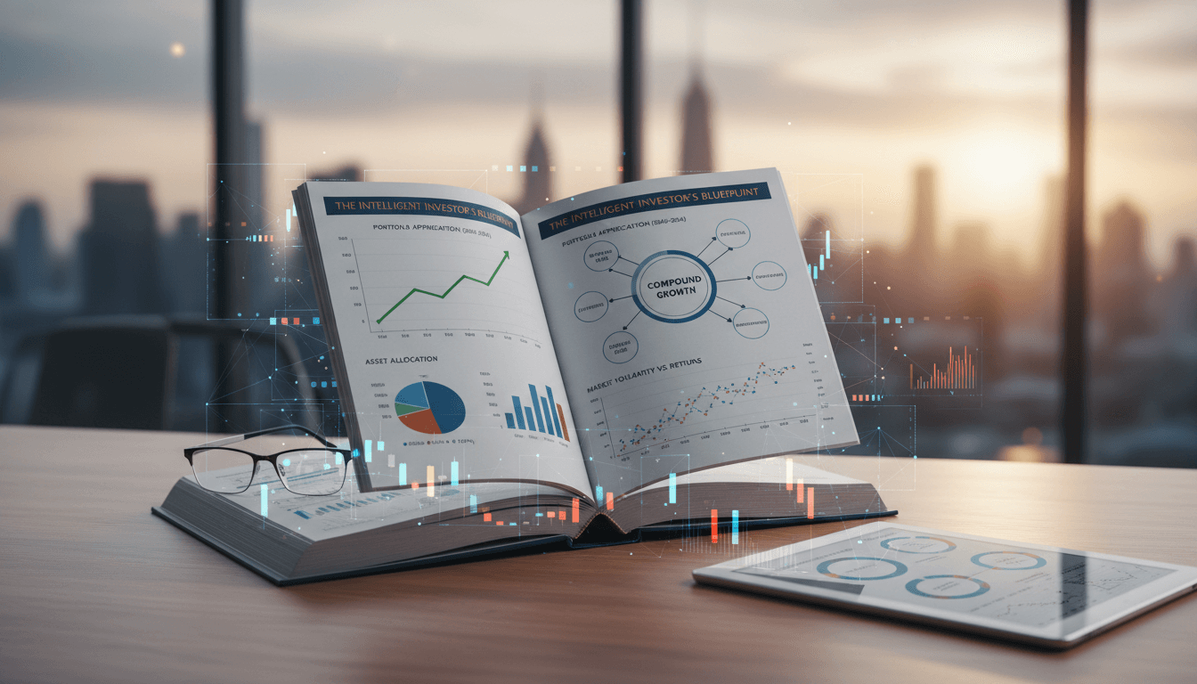 Investment guide book open showing trading fundamentals and financial charts