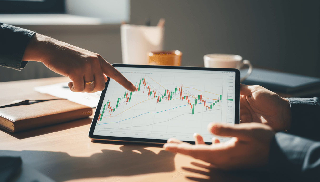 Hands collaborating over tablet showing financial charts and trading analysis