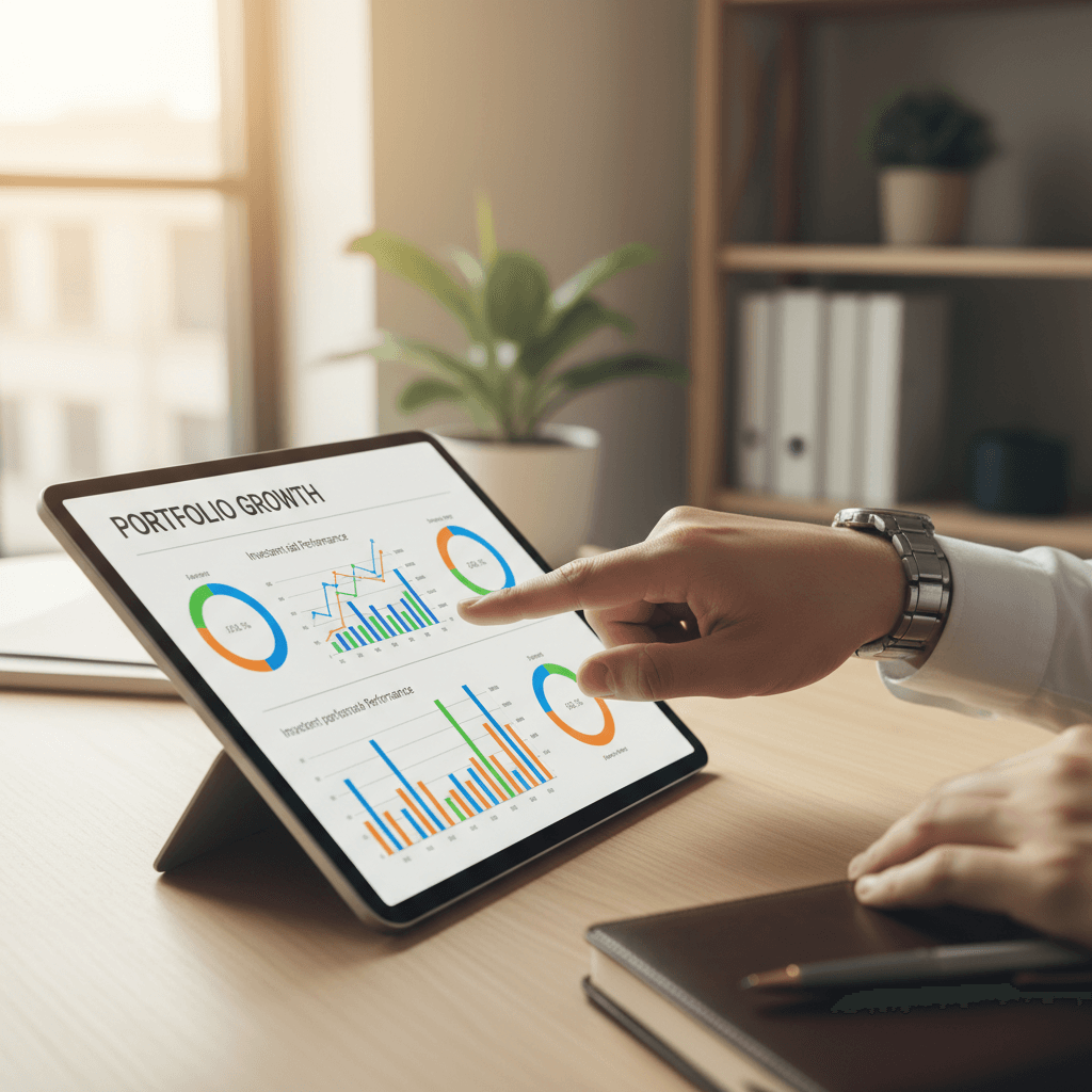 Hand pointing at institutional chart analysis on tablet with another person taking notes