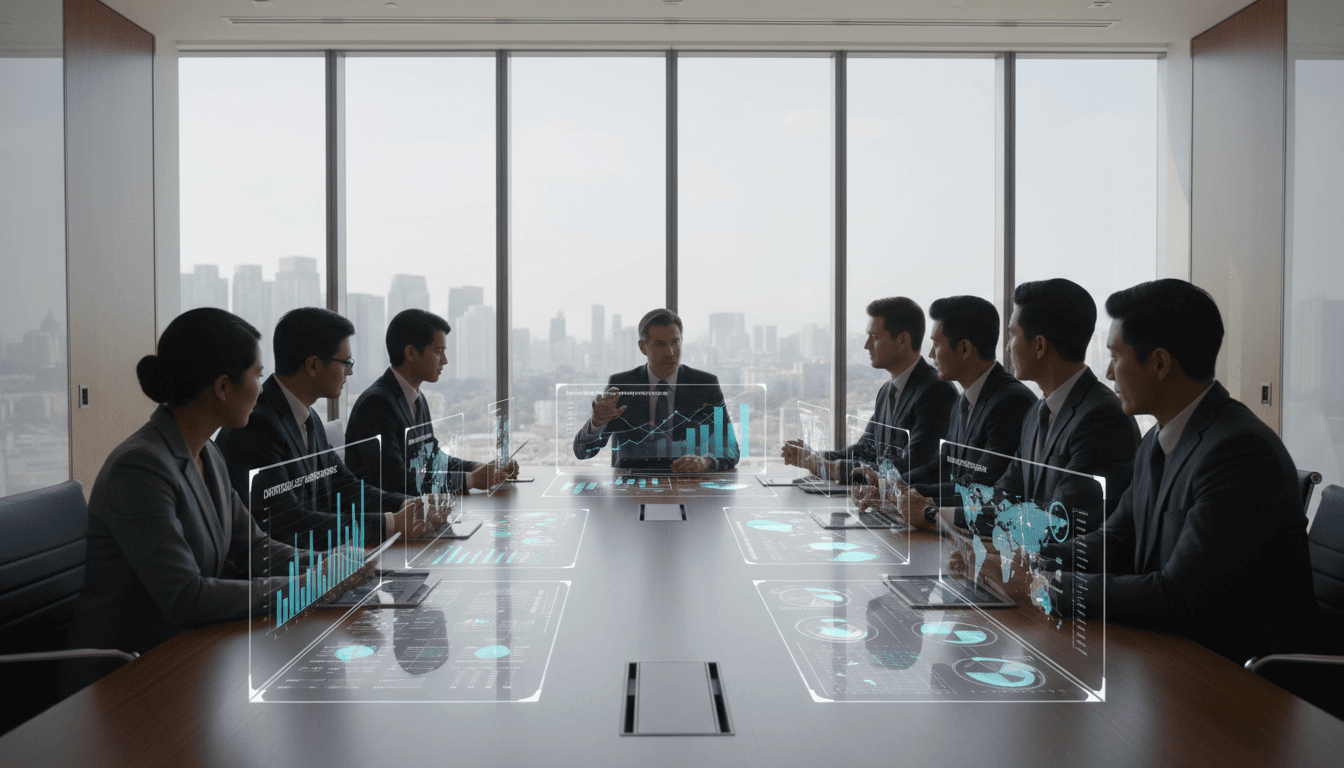Financial analysts reviewing diversified asset performance data in bright, modern conference room with city views