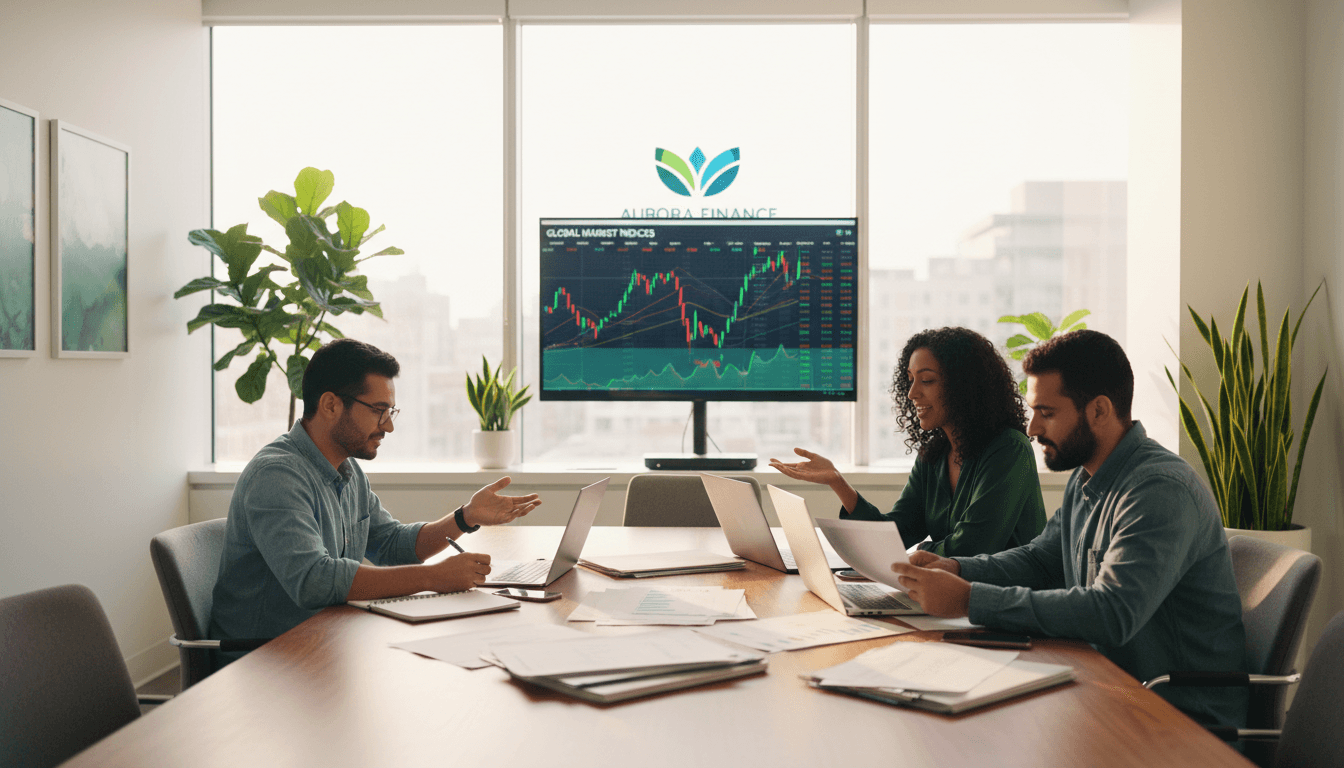 Diverse group of investors collaborating around a table with charts and laptops