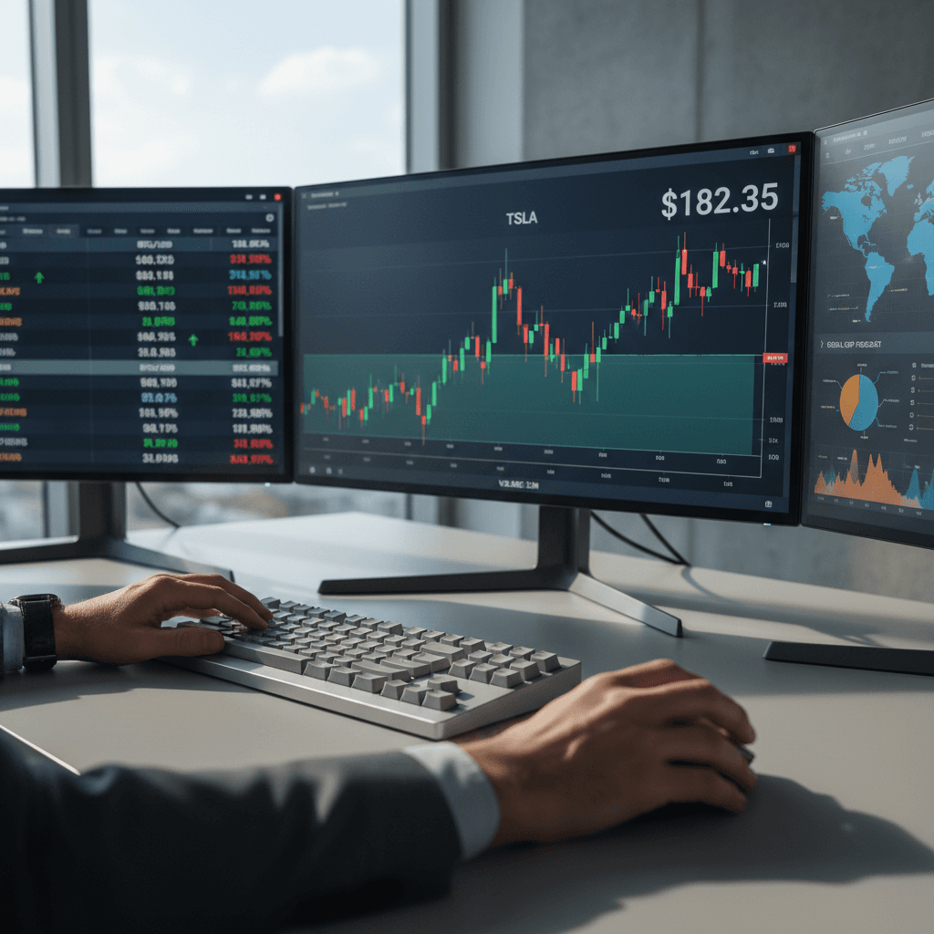 Investor analyzing institutional charts on multiple monitors